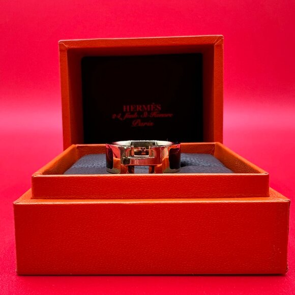 Hermes Black Enamel Gold Tone Clic Clac H Band Ring Size 8 1/4 - Picture 2 of 13